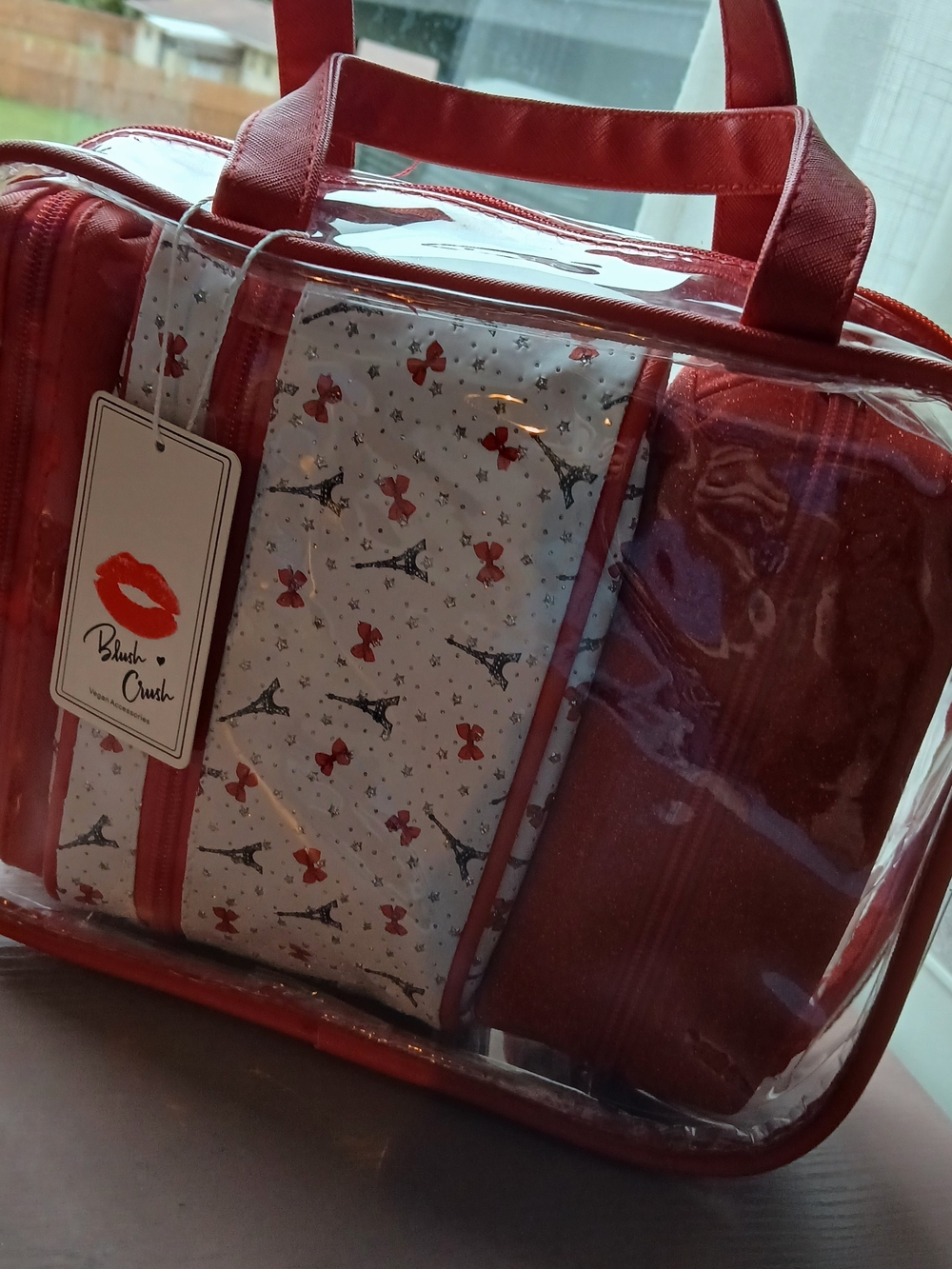 Blush Crush 4pk Clear Travel Cosmetic Bag Set [3 Inside] Eiffel Tower Paris NWT